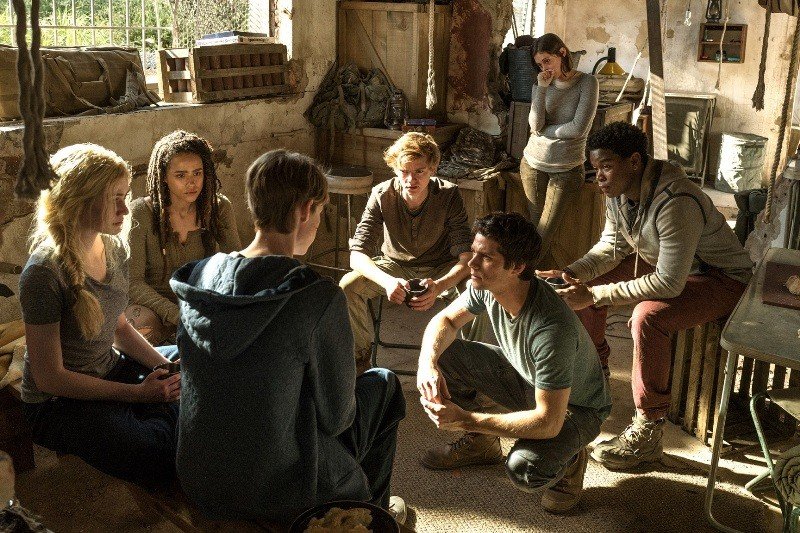 L-r, Katherine McNamara, Nathalie Emmanuel, Jacob Lofland, Thomas Brodie-Sangster, Dylan O'Brien, Rosa Salazar, and Dexter Darden star in Twentieth Century Fox's "Maze Runner: The Death Cure."