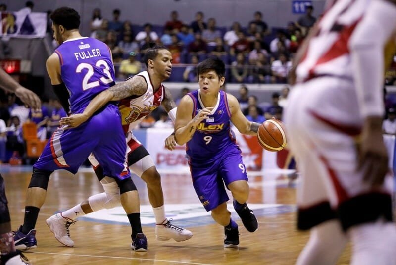 Carlo Lastimosa (#9) drives against Chris Ross of San Miguel Beer (PBA Images) 