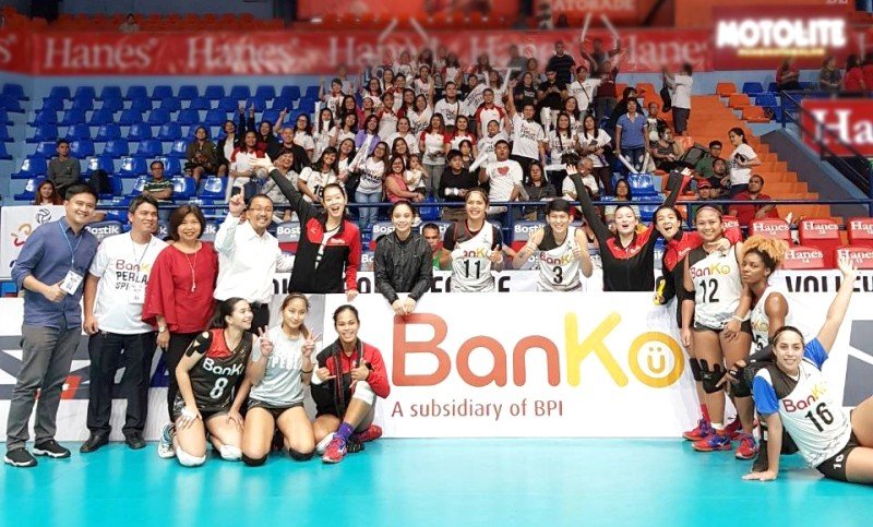 BanKo Perlas Spikers make it to PVL Final Four. Led by BanKo President Jerome Minglana (standing fourth from left), the BanKo Perlas Spikers celebrate its 5-0 quarter finals sweep.