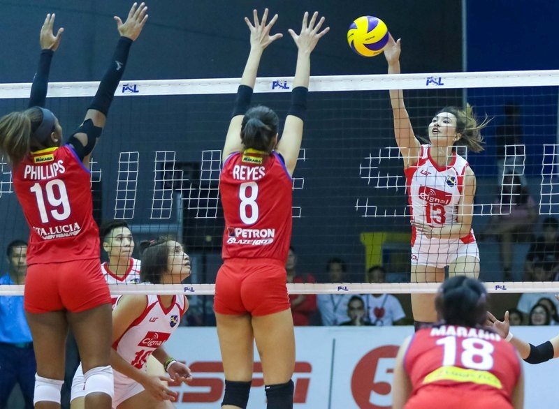 Raqchel Ann Daquis of Cignal attacks on MJ Philips and Mika Reyes of RP Team