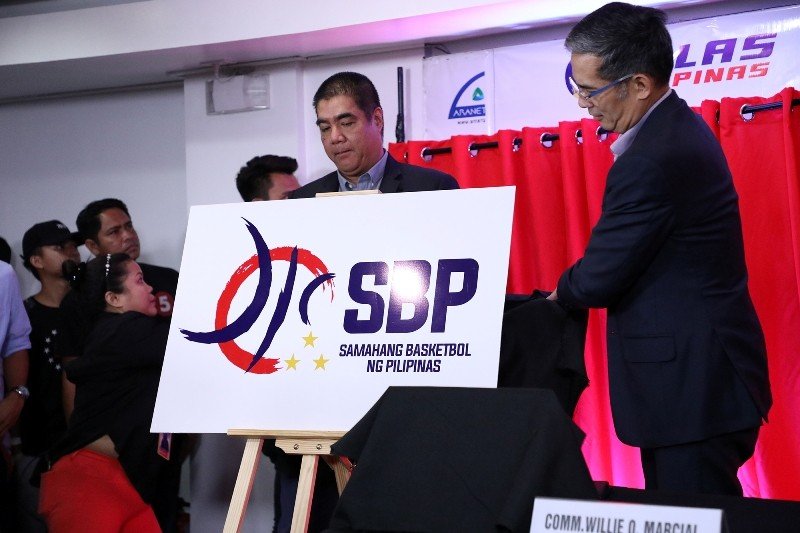 PBA Commissioner Willie Marcial (L) and SBP President Al Panlilio (R) unveils the new SBP logo. (PBA Images)