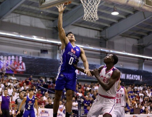 Thirdy Ravena of Ateneo goes up for a shot as Malick Diouf of CEU looks on. (PBA Images)