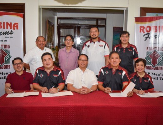 (Standing L-R: UP CHK Dean Francis Diaz, UP Diliman Chancellor Michael Tan, UP MBT Head Coach Bo Perasol, Robina Farms Marketing Director Jonathan Dino) (Sitting L-R: nowheretogobutUP Chairman and UP MBT Manager Atty. Agaton Uvero, Robina Farms Business Unit General Manager Vincent Henry Go, UP President Danilo Concepcion, Robina Farms Farm Directo Dr. Dante Palabric, Robinsons Retail Group President & CEO RobinaGokongwei-Pe)