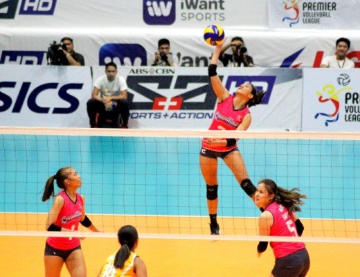 Creamline top hitter Alyssa Valdez soars for an attack during the Cool Smashers opening day match against the Air Force Jet Spikers.