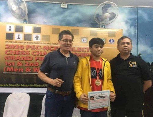 Photo shows FIDE Master Alekhine Nouri, youngest participant at 14 years old, a grade 7 pupil of FEU-Fern Diliman, Quezon City (center) displaying his certificate and the gold medal during the awarding closing rites of the the Philippine Sports Commission-National Chess Federation of the Philippines selection process (Standard event) at the PACE headquarters in Quezon City last Friday. Also in the photo are Asia's First chess grandmaster Eugene Torre and newly-installed NCFP executive director Atty. Cliburn Anthony Orbe