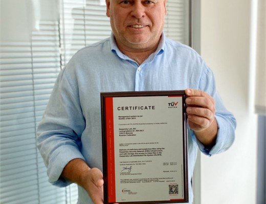 Eugene Kaspersky holding ISO 27001 certificate