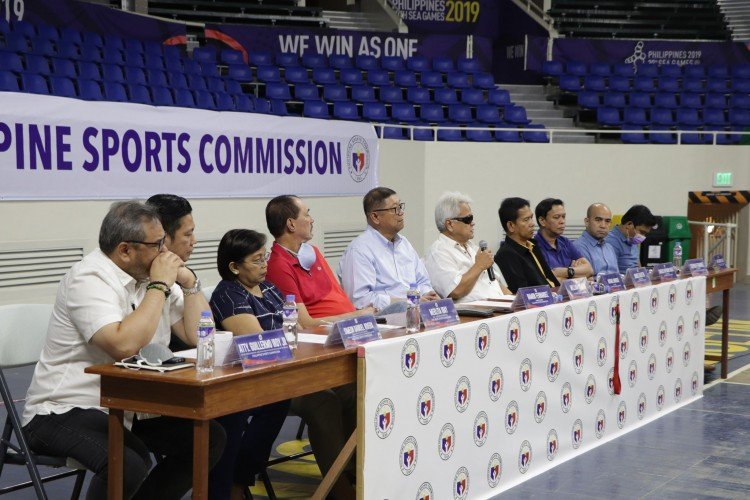 (L-R) DED-BCSSS Atty. Guillermo B. Iroy Jr.,DED-AFMS Dennis Rivera, PSC Executive Director Merlita Ibay, PSC Commissioner Ramon Fernandez, PSC Chairman William Ramirez, PSC Commissioner Arnold Agustin, PSC Commissioner Charles Raymond Maxey, Philippine Olympians Association Board Member Stephen Fernandez, and  Mr. Marc Velasco, PSC’s Chief of Staff and National Training Director.