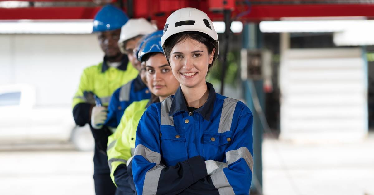 A woman in a blue jacket and white helmet stands with her arms crossed in front of three other industrial workers.