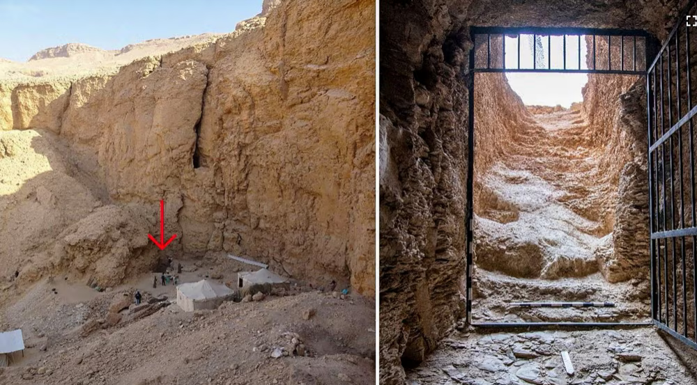These handout pictures released by the Egyptian Ministry of Antiquities on Feb. 19, 2025, show the entrance to the tomb of King Thutmose II in Luxor in southern Egypt.