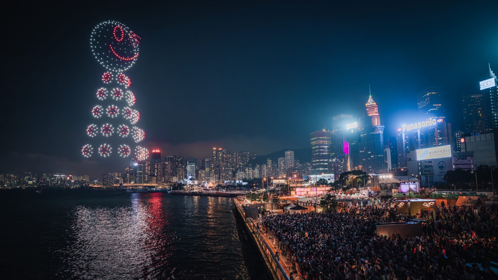 The Hong Kong skyline lights up with a spectacular drone show during the Labour Day celebrations.