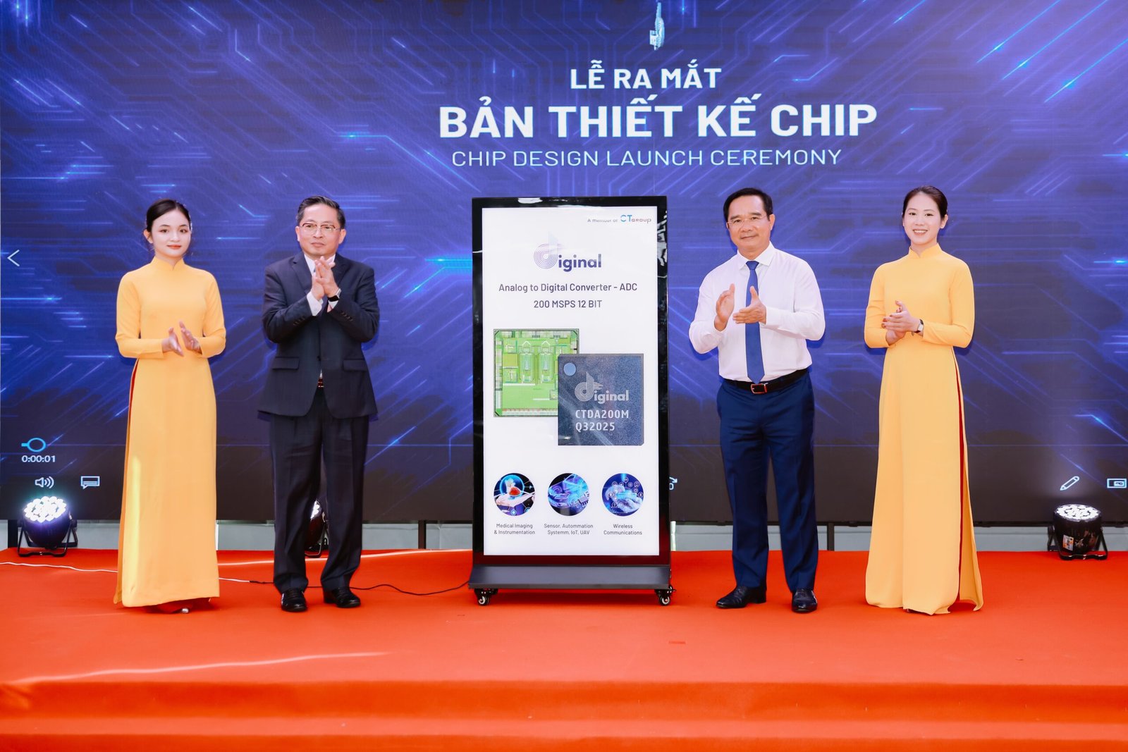 Mr. Nguyen Van Duoc - Member of CPV Central Committee, Deputy Secretary of the municipal Committee, Chairman of Ho Chi Minh City People's Committee (right), and Mr. Tran Kim Chung - Chairman of CT Group, at the Launch Ceremony of the Vietnamese-designed IoT chip