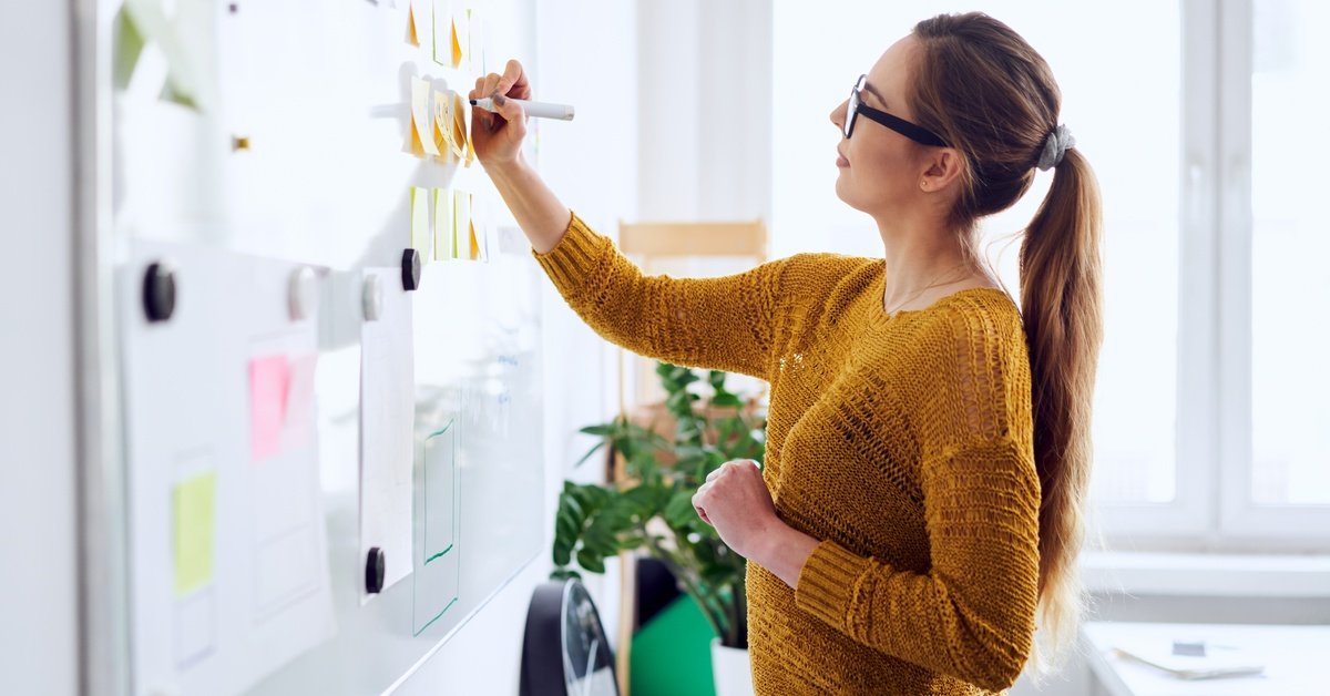 A young businesswoman wearing a yellow sweater and black glasses is writing on a whiteboard in an office building.