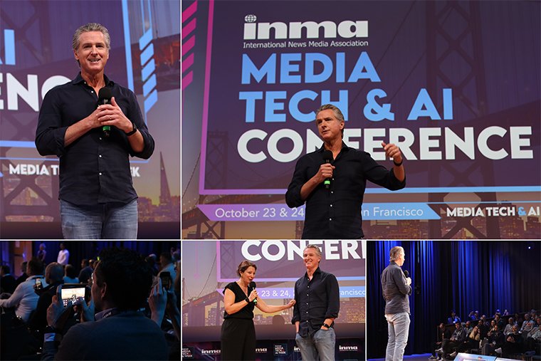 California Gov. Gavin Newsom speaks at the INMA Media Tech & AI Conference in San Francisco.