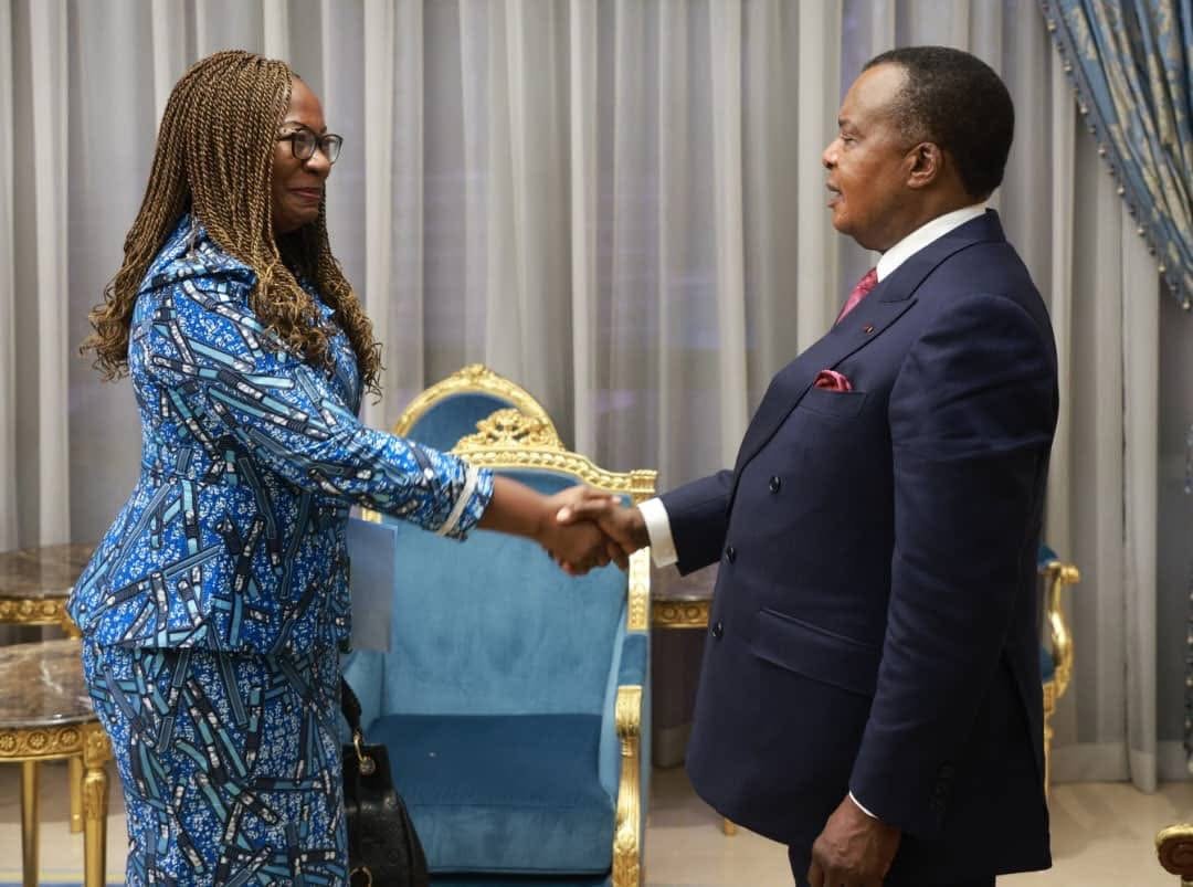 A warm handshake between H.E. Mr Denis Sassou Nguesso, President of the Republic of Congo, and Marie-Laure Akin-Olugbade, Senior Vice President, Regional Development, Integration and Service Delivery, African Development Bank Group
