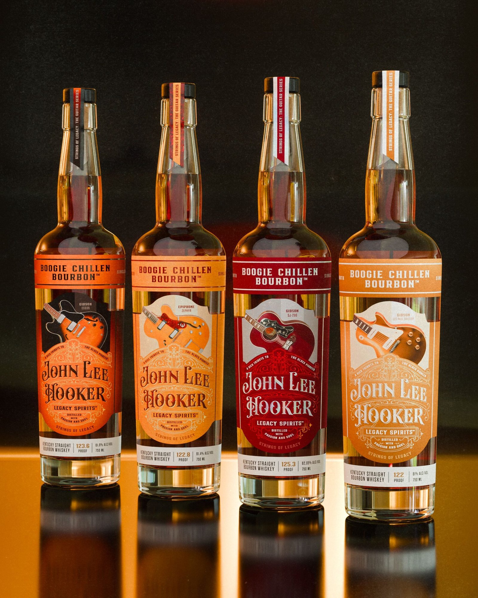 Each bourbon is inspired by a Gibson guitar favored by John Lee Hooker.