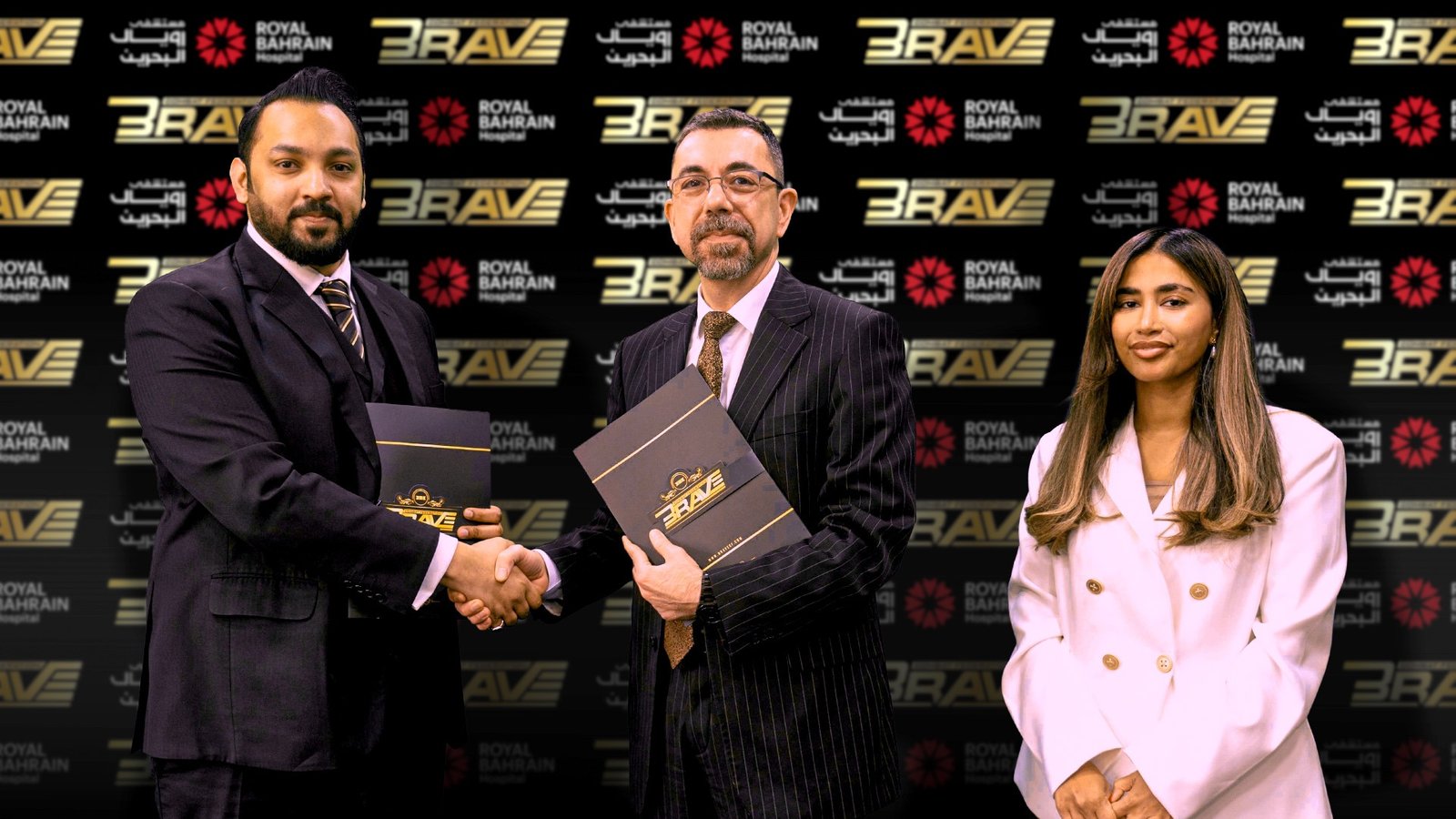 BRAVE CF and Royal Bahrain Hospital officials announce the medical partnership for BRAVE 100 in Isa Town.
