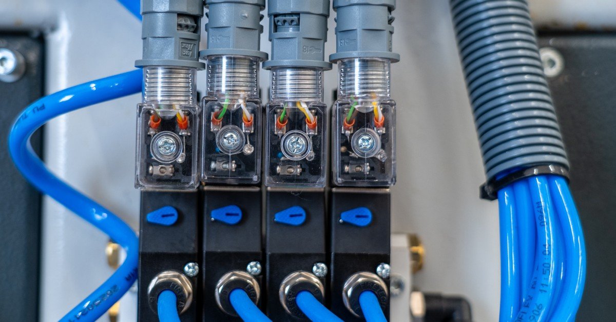 A group of four solenoid valves line up next to each other with a blue tube emerging from the side. Gray tubes come out the top.