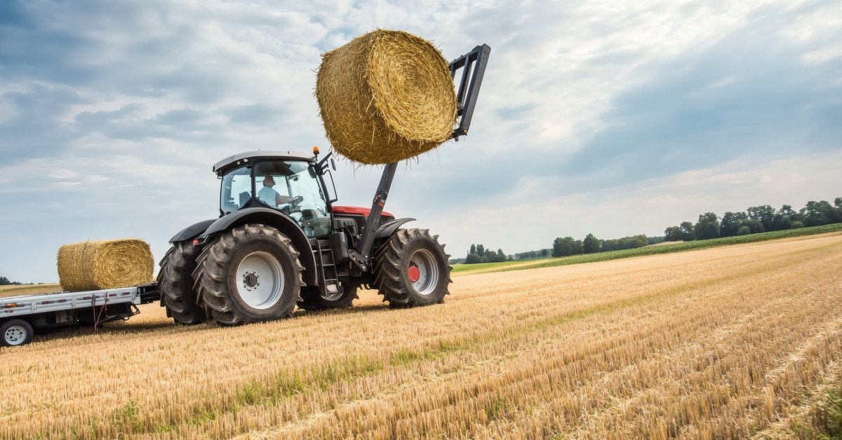 A man is inside a tractor. The tractor is lifting a bale of hay with an attachment. There are trees far in the background.