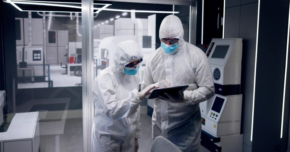 Two technicians in white hazmat suits and masks review a tablet inside a glass-walled inspection room.