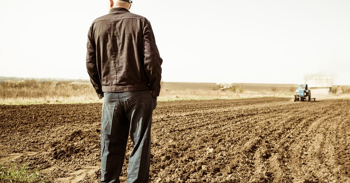 An old farmer standing with his hands in his pockets, facing a dirt plot that a tractor is plowing.