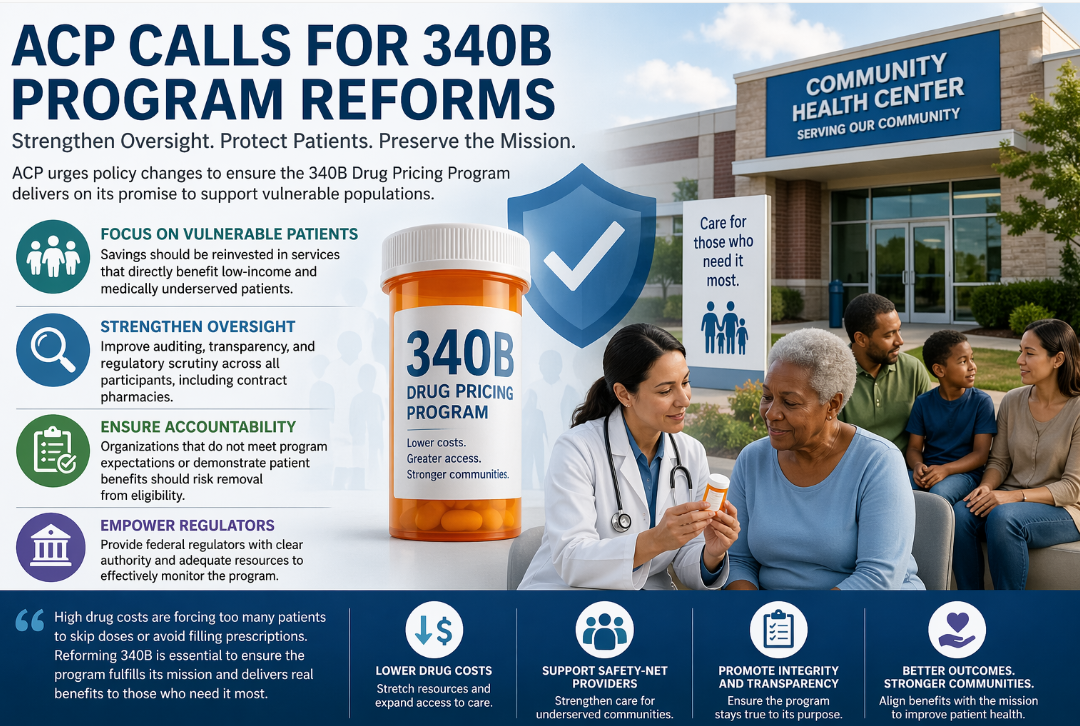 ACP is calling for reforms to the 340B Drug Pricing Program, urging stronger oversight to ensure benefits reach vulnerable patients.