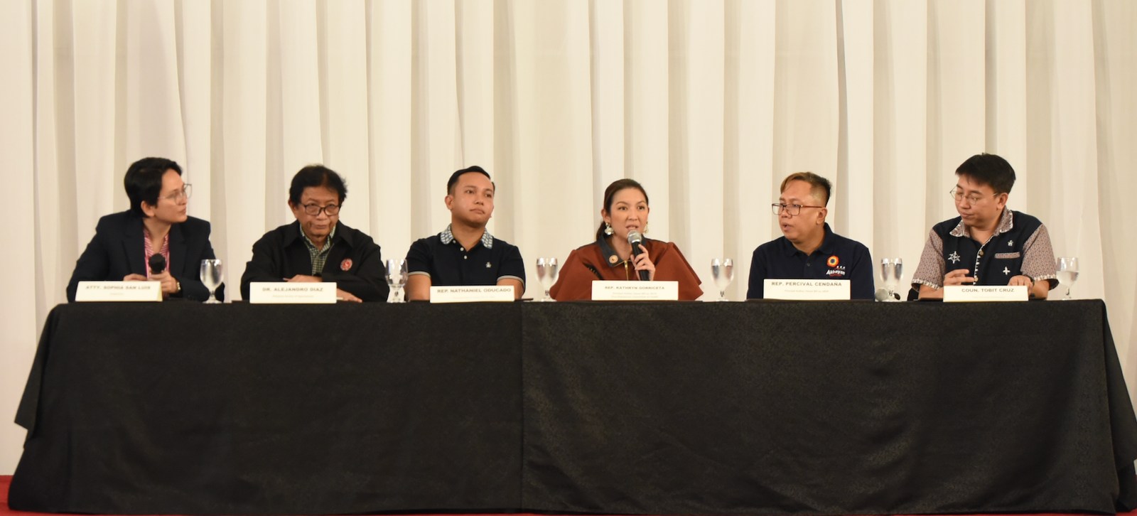 (From left to right) Atty. Sophia San Luis of ImagineLaw, Dr. Alejandro Diaz of Philippine Society of Hypertension, Atty. Nathaniel Oducado, Rep. Kathryn Gorriceta, Rep. Percival Cendaña, and Taytay Municipal Councilor Tobit Cruz at the ACT NOW: Prevent Hypertension, Pass the Healthy Food Environment Bill press conference