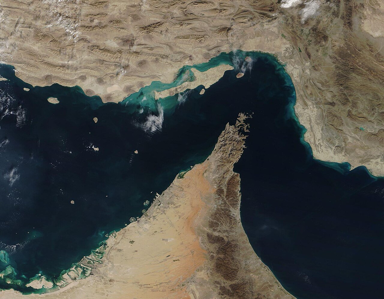 Strait of Hormuz remains critical global shipping chokepoint. [photo credit: MODIS Land Rapid Response Team, NASA GSFC | Wikimedia Commons]