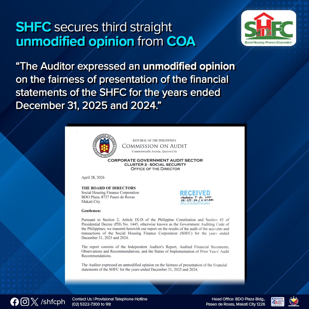 SHFC leadership receives recognition after securing its third consecutive unmodified COA opinion for 2025.