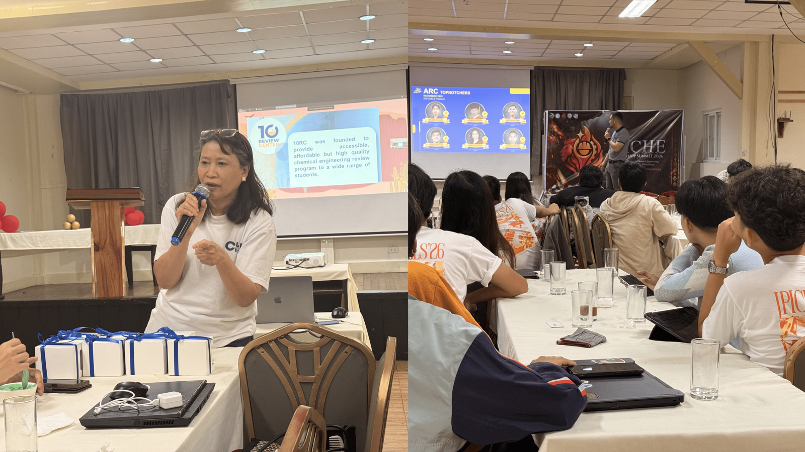 Dr. Jopeth Ramis of ARC Review Center and Engr. Ria Grace Abdon of 10RC deliver company talks, offering testimonials and experiences for licensure exam preparation.