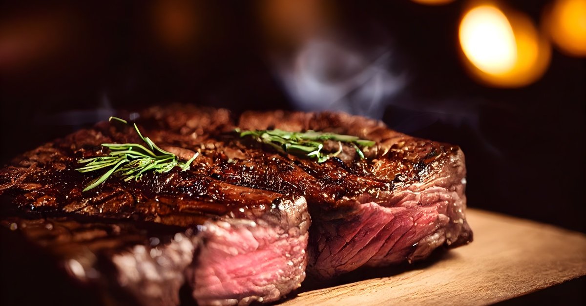 A juicy medium-rare steak sliced on a wooden board with rosemary garnish, rising steam, and a dark background.