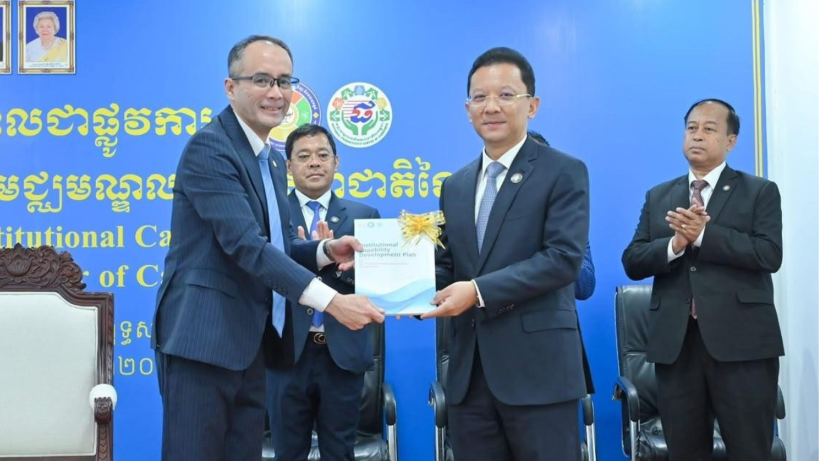 Officials from the Asian Productivity Organization and Cambodia's Ministry of Industry, Science, Technology and Innovation pose during the handover of the Institutional Capability Development Plan in Phnom Penh.