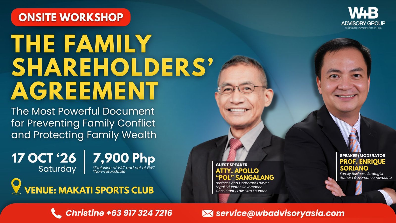 The Family Shareholders' Agreement workshop will focus on governance strategies for family-owned businesses and growing enterprises.