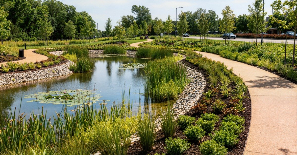 A beautiful pond is surrounded by professional landscaping and a paved walkway. Rocks line the edge of the pond.