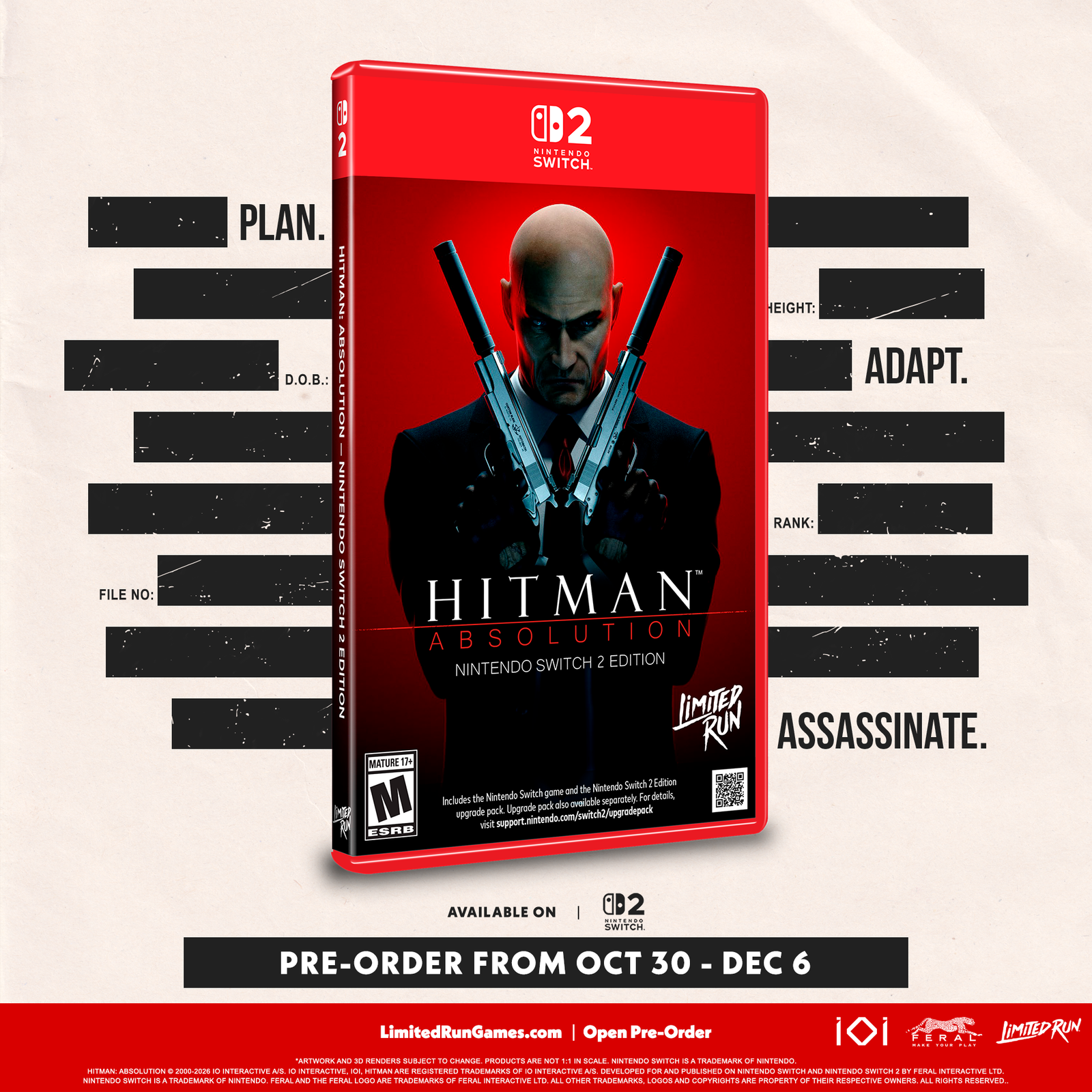 The physical edition of Hitman: Absolution for Nintendo Switch 2 includes a Game Card, game case and eight-page booklet.