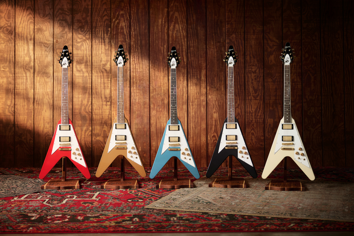 The Tom Petty Flying V collection, known as the Flying Five, includes Gainesville Gold, Graphite Metallic, Heartbreaker Red, Pearl White Metallic and Pelham Blue finishes.