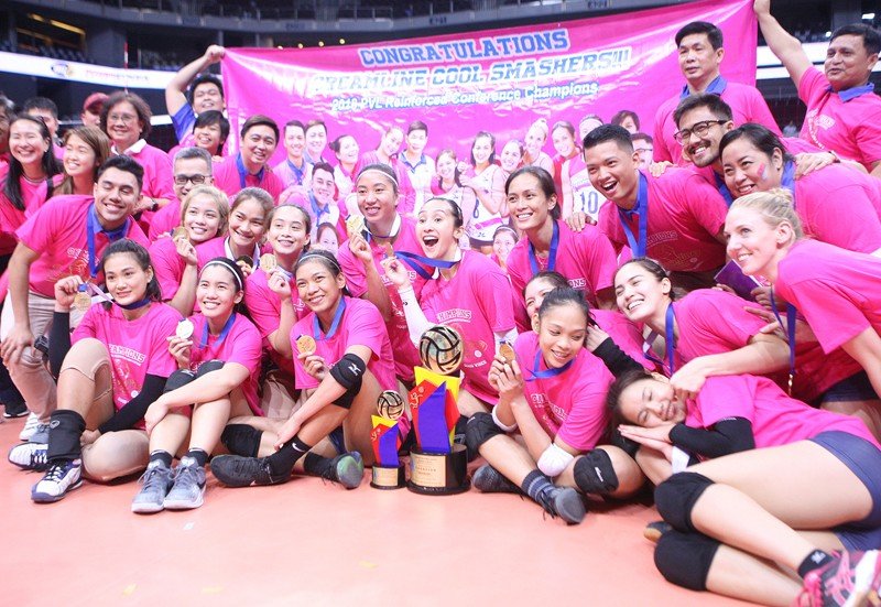 The Creamline Cool Smashers display their medals and trophies after bagging the PVL Season 2 Reinforced Conference crown via sweep over the PayMaya High Flyers.