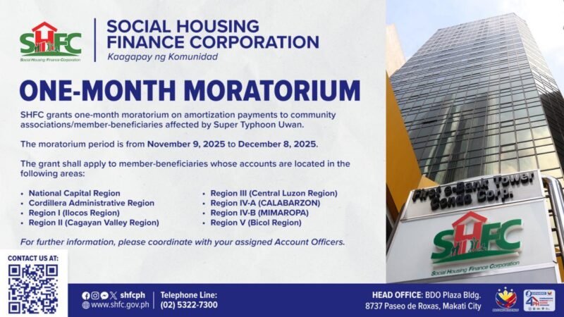 SHFC announces one-month moratorium for typhoon-affected homeowners