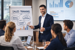 A sales trainer leading an interactive discussion with a sales team.