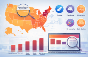 Data visualization map showing state rankings in unusual fetishes report.