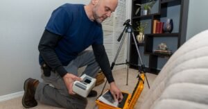 A man is kneeling on the carpet of a home while holding a device and looking through a toolbox. A tripod is setup.