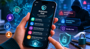 Online cybersecurity warning visuals representing identity theft and fraud prevention.