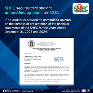SHFC leadership receives recognition after securing its third consecutive unmodified COA opinion for 2025.