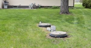 A beige house's backyard that has a septic tank system that is sticking out from the grass of the lawn.