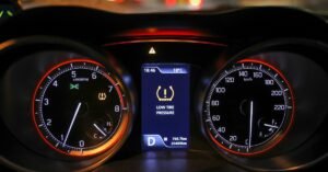 A close-up of the instrument cluster of a modern vehicle with the center interface displaying a "LOW TIRE PRESSURE" warning.