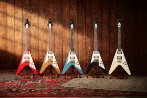 The Tom Petty Flying V collection, known as the Flying Five, includes Gainesville Gold, Graphite Metallic, Heartbreaker Red, Pearl White Metallic and Pelham Blue finishes.